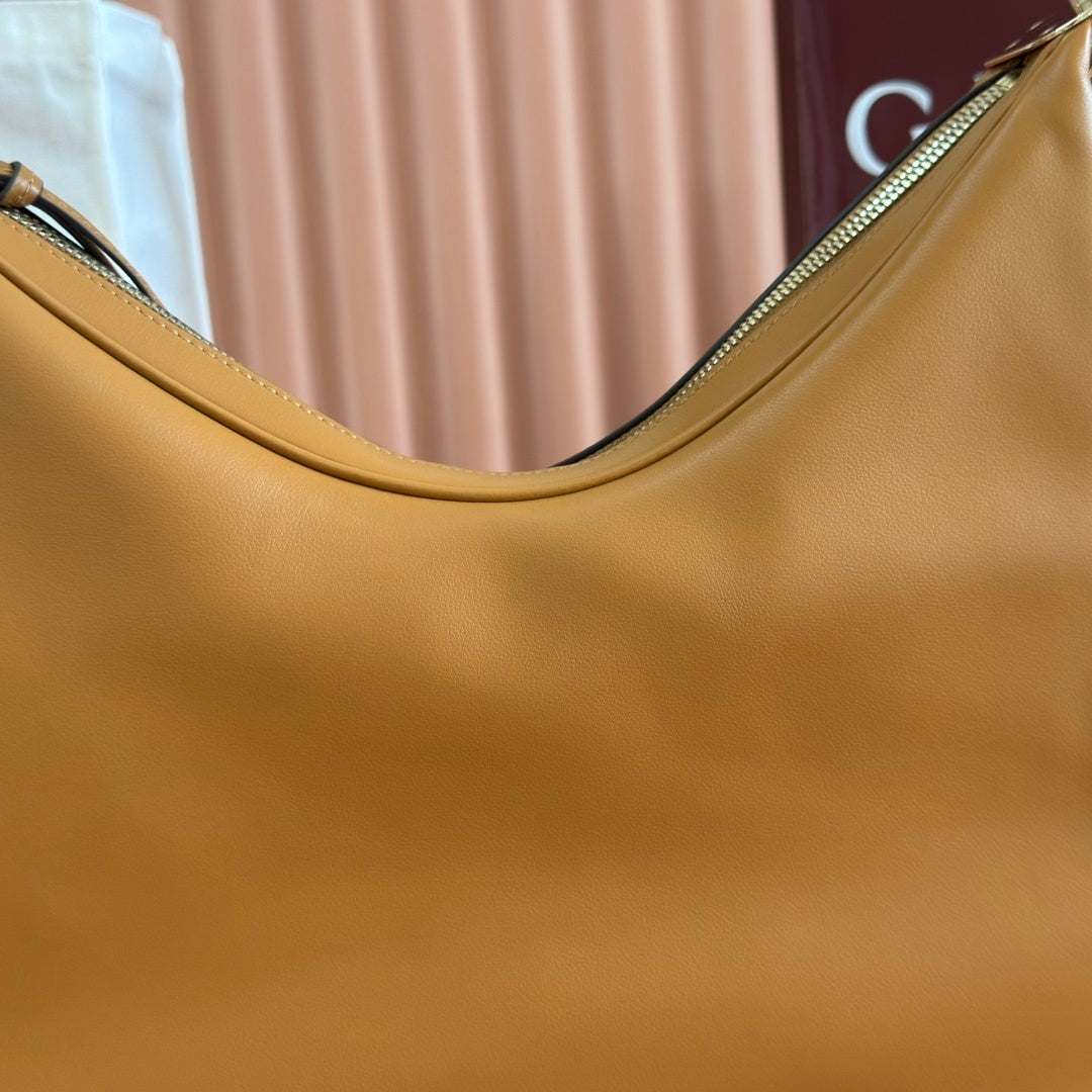 Gucci Attache Large Leather Shoulder Bag in Tan with Web-Stripe Strap