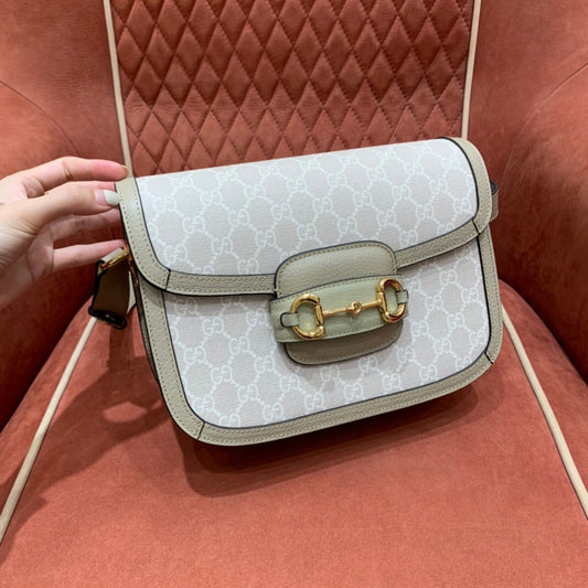Gucci Horsebit 1955 Small Shoulder Bag in Beige & White GG Supreme Canvas