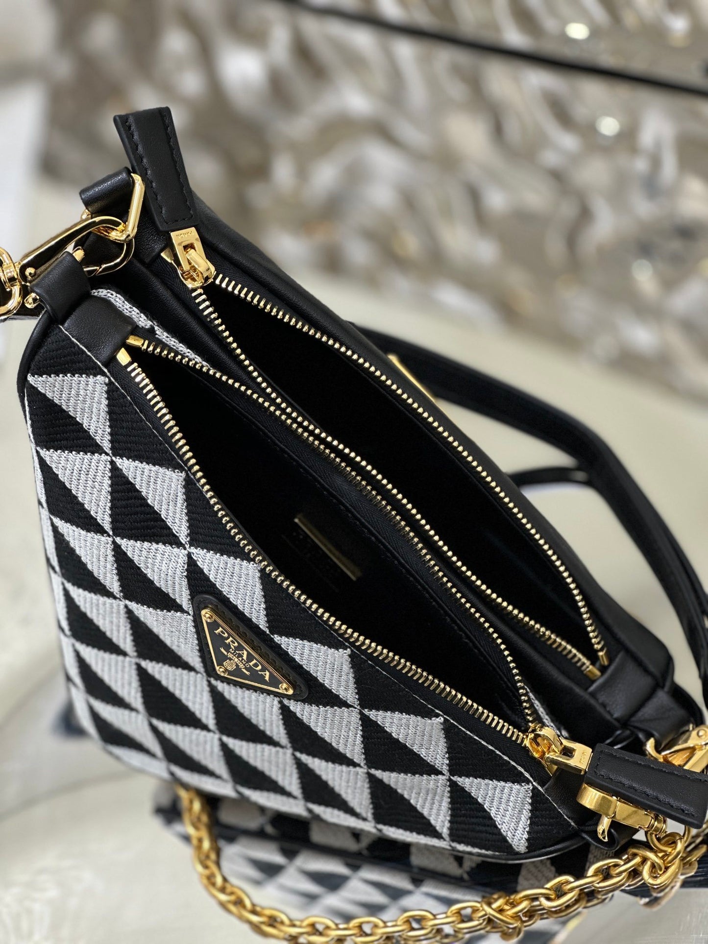 Prada Symbole Mini Jacquard Bag with Geometric Pattern and Chain Handle