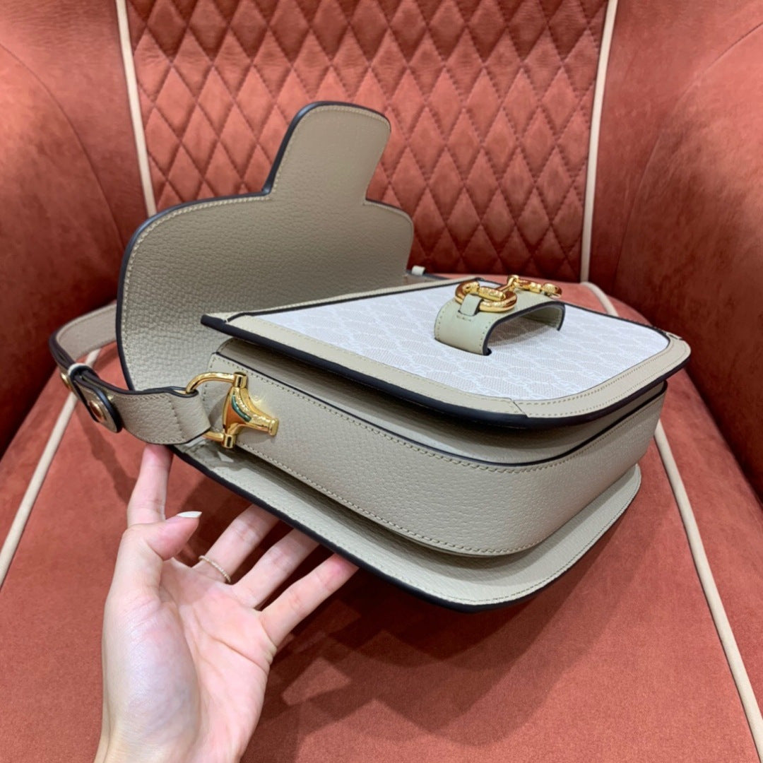 Gucci Horsebit 1955 Small Shoulder Bag in Beige & White GG Supreme Canvas