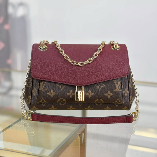 Louis Vuitton Saint Germain BB Bag in Monogram Canvas with Red Leather Trim & Gold Chain Padlock