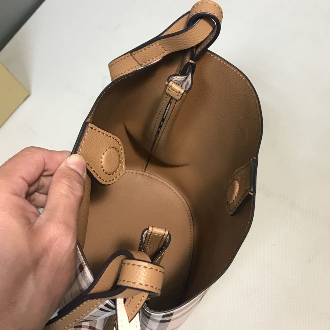 Burberry Lorne Bucket Bag Haymarket Check Coated Canvas Luxury Handbag