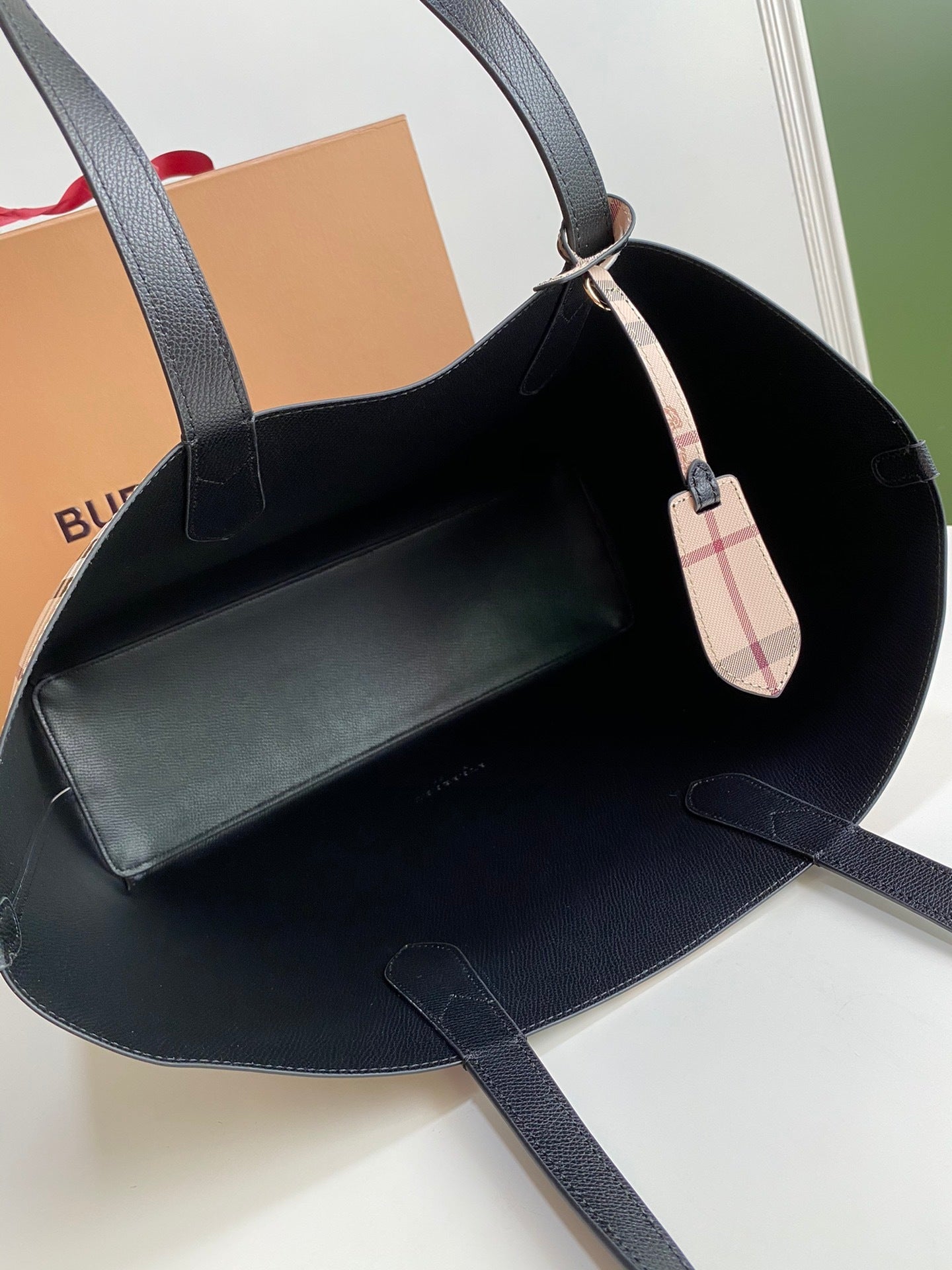 Burberry Reversible Haymarket Check Tote Bag with Black Leather Straps