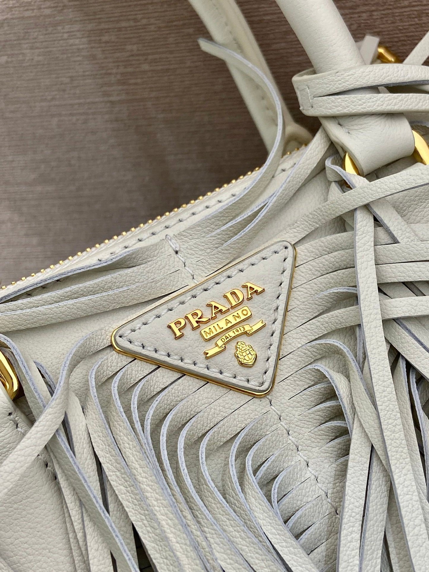 Prada Small Galleria White Tote Bag with Fringe Detailing