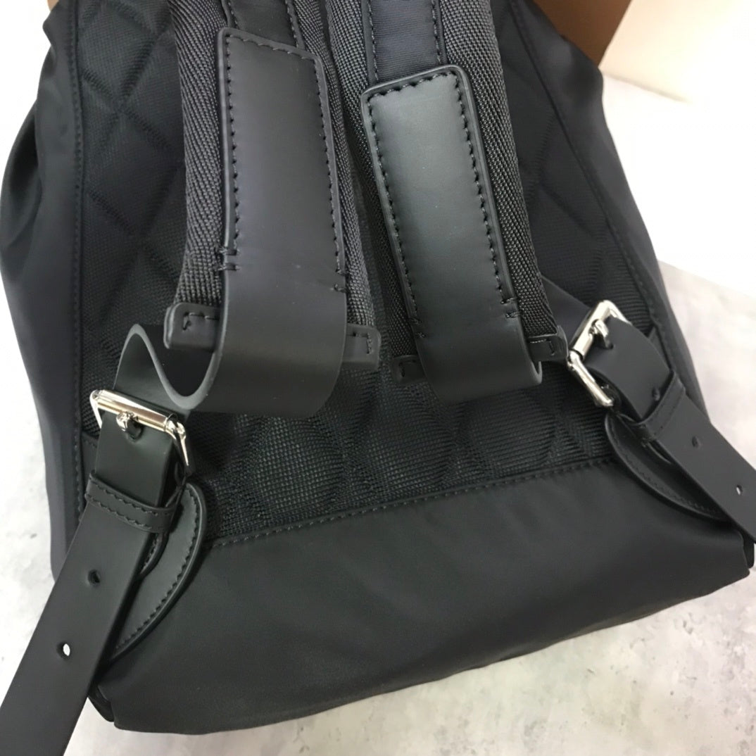 Burberry Logo Print Nylon Rucksack Black Backpack with Leather Straps