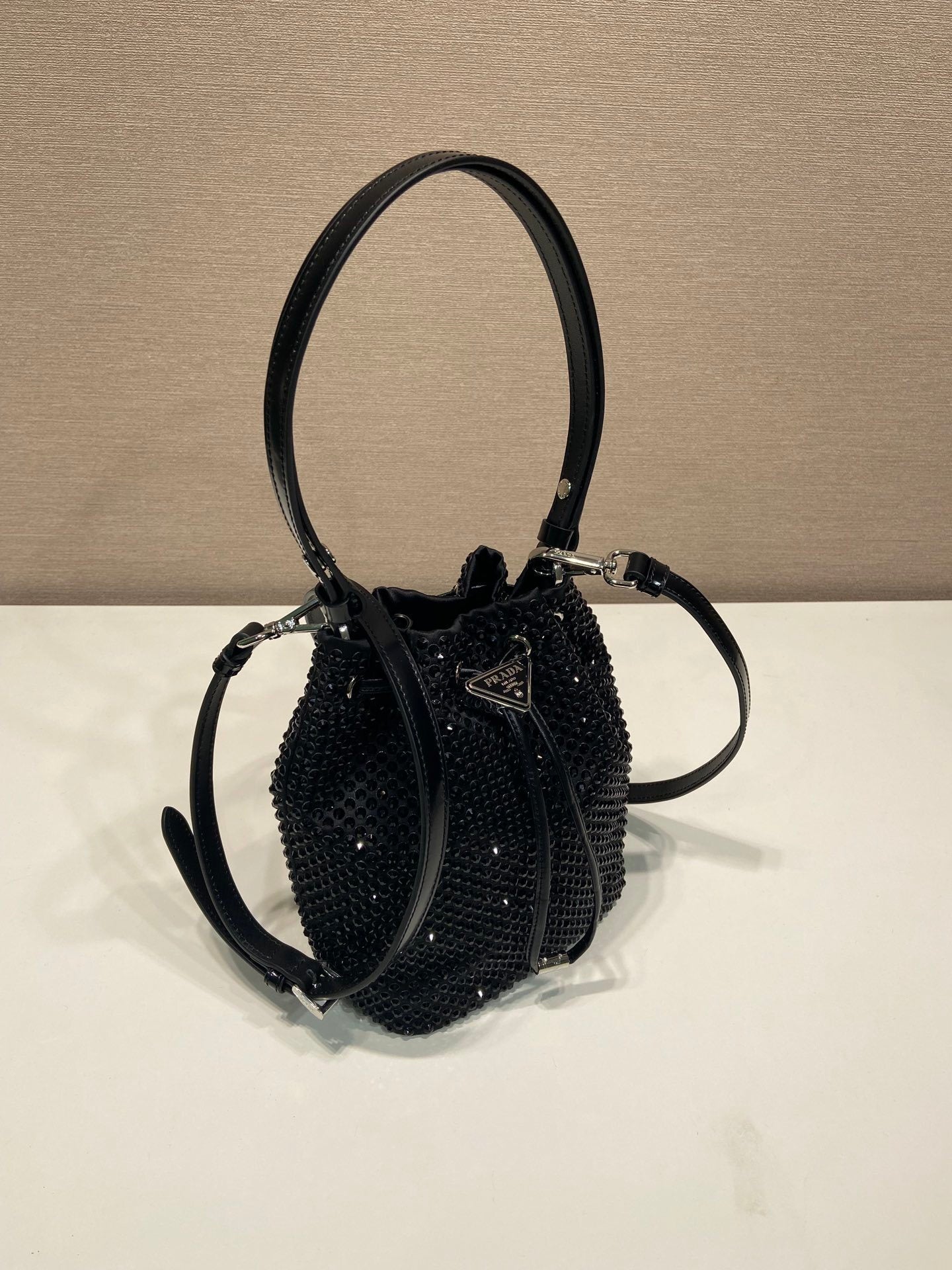 Prada Crystal-Embellished Mini Satin Bucket Bag – Black