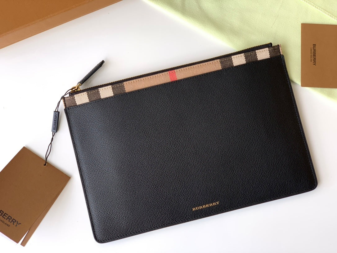 Burberry Black Leather Clutch Bag with Vintage Check Trim