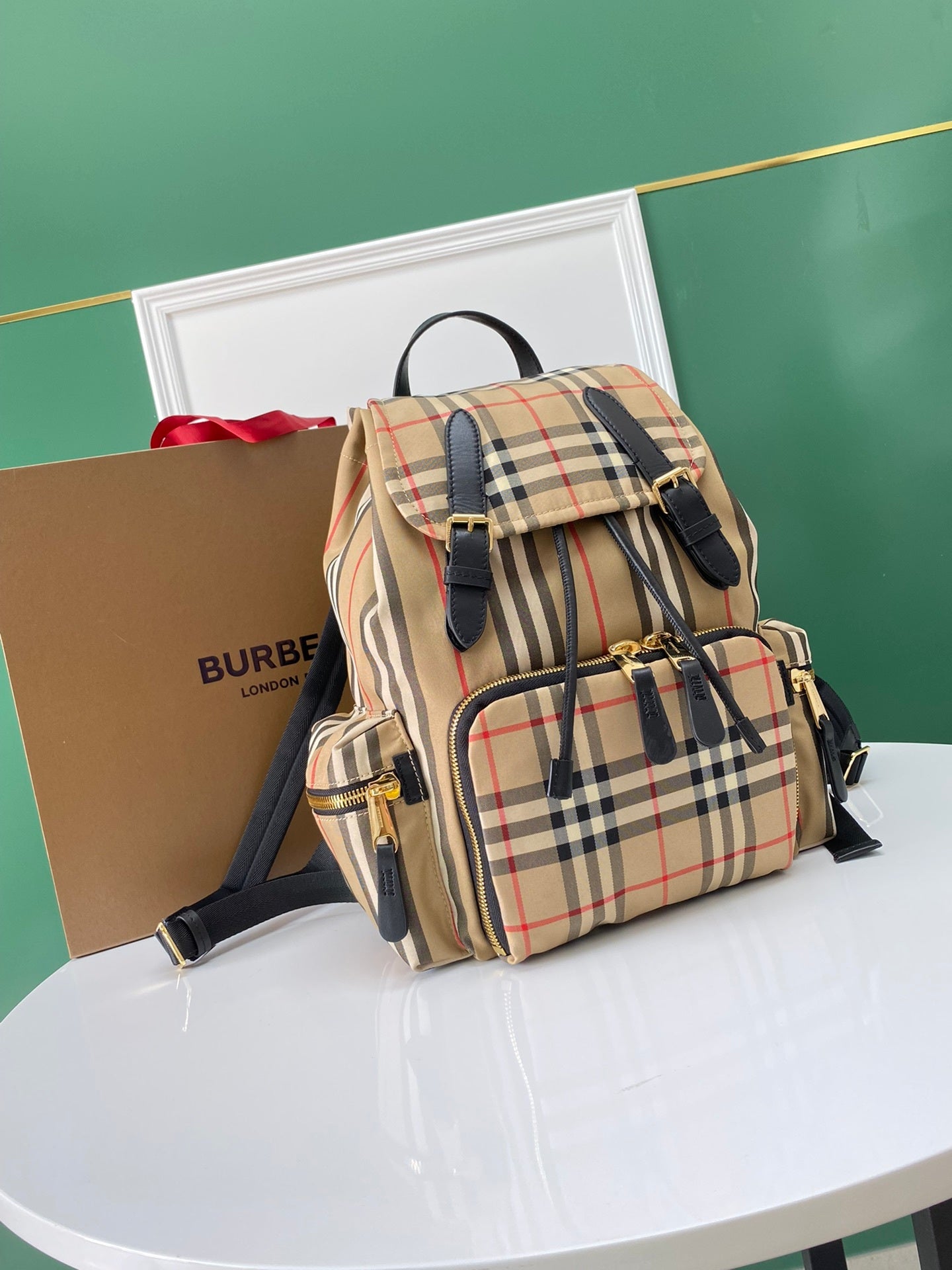 Burberry Vintage Check Backpack with Leather Trim & Buckle Closures