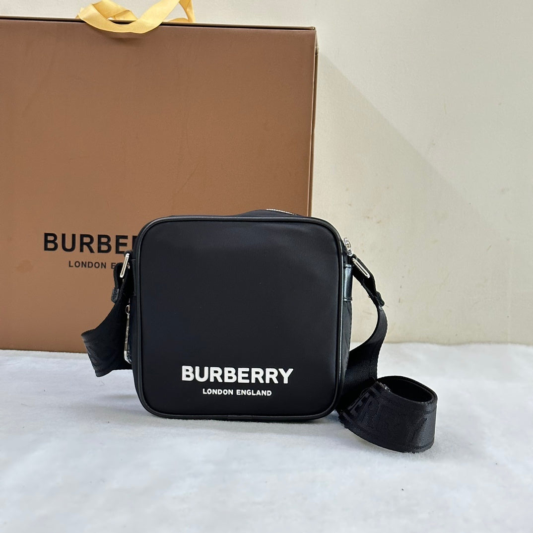 Burberry Logo Print Nylon Square Paddy Bag in Black with White Logo