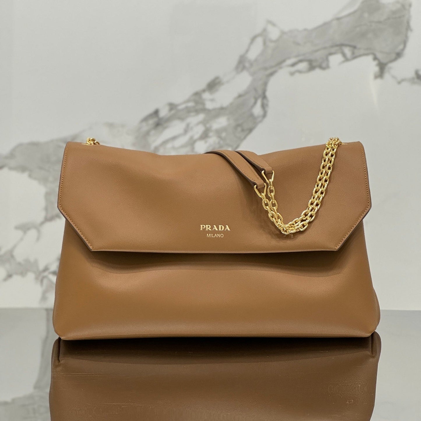 Prada Doux Shoulder Bag – Brown Calf Leather with Gold-Tone Chain Strap