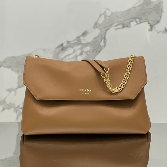 Prada Doux Shoulder Bag – Brown Calf Leather with Gold-Tone Chain Strap