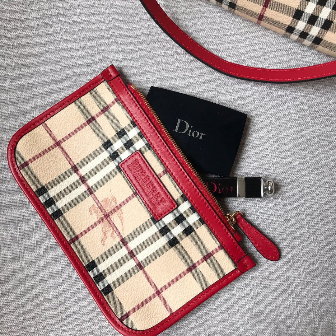 Burberry Canterbury Tote Haymarket Check Canvas & Red Leather Bag