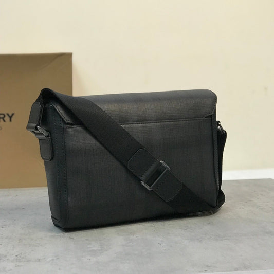 Burberry Black Charcoal Check Messenger Bag with Leather Trim