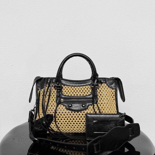 Balenciaga Small Le City Raffia Bag with Black Lambskin Trim