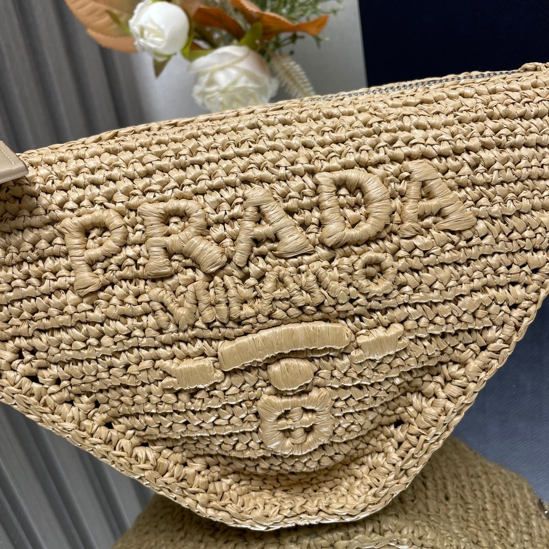 Prada Crochet Triangle Shoulder Bag – Natural Tan Raffia-Effect