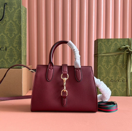 Gucci Small/Medium Tote Bag in Rosso Ancora Red or Bordeaux Grained Leather with Hook Closure
