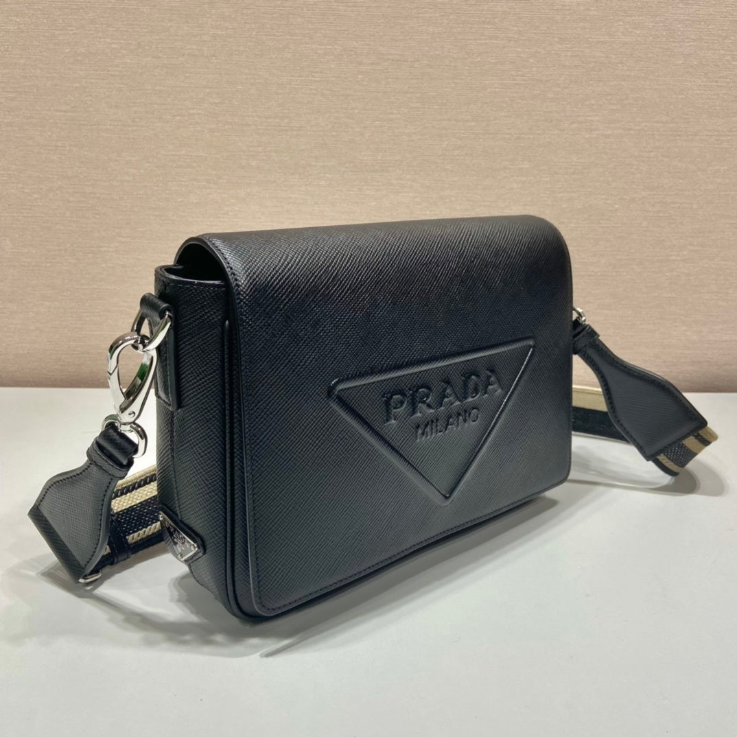 Prada Black Saffiano Leather Shoulder Bag with Detachable Woven Strap