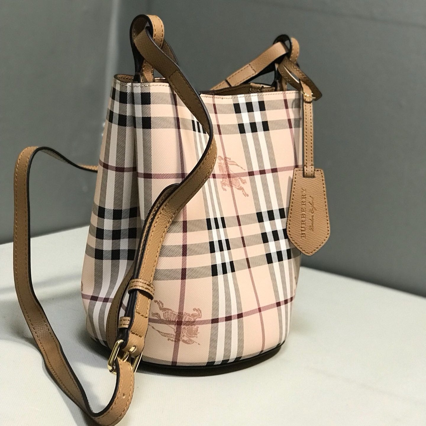 Burberry Lorne Bucket Bag Haymarket Check Coated Canvas Luxury Handbag