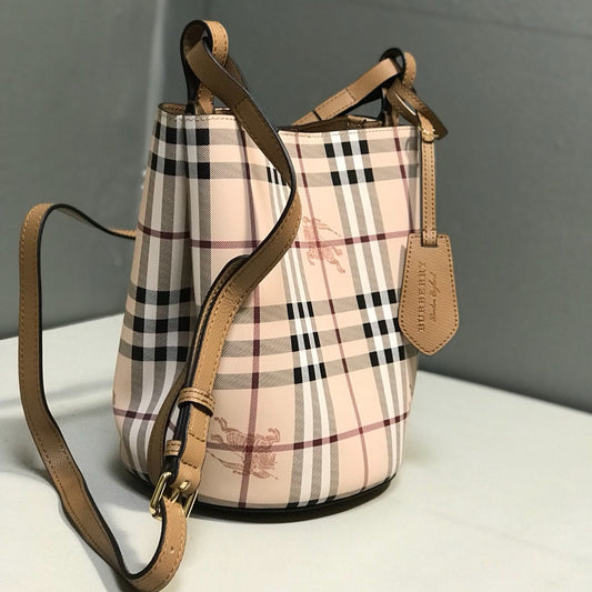 Burberry Lorne Bucket Bag Haymarket Check Coated Canvas Luxury Handbag