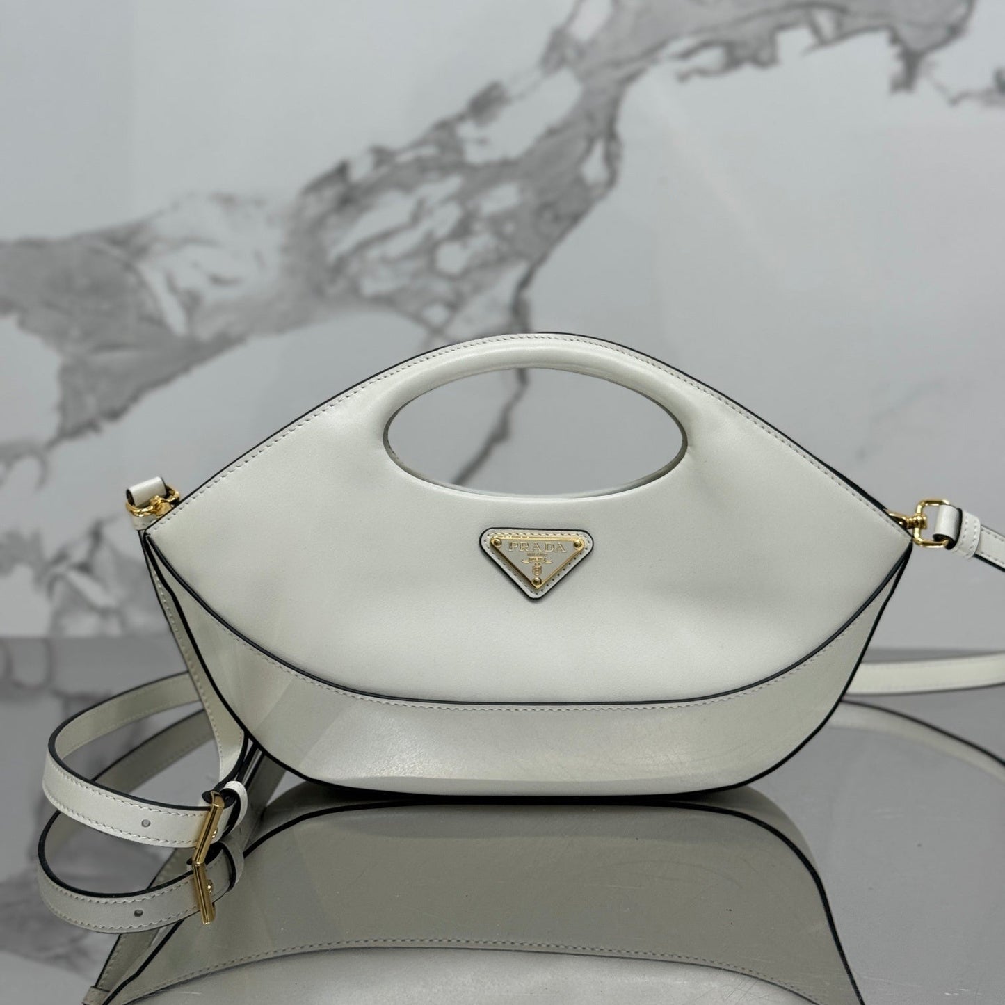 White Leather Prada Handbag with Adjustable & Detachable Shoulder Strap