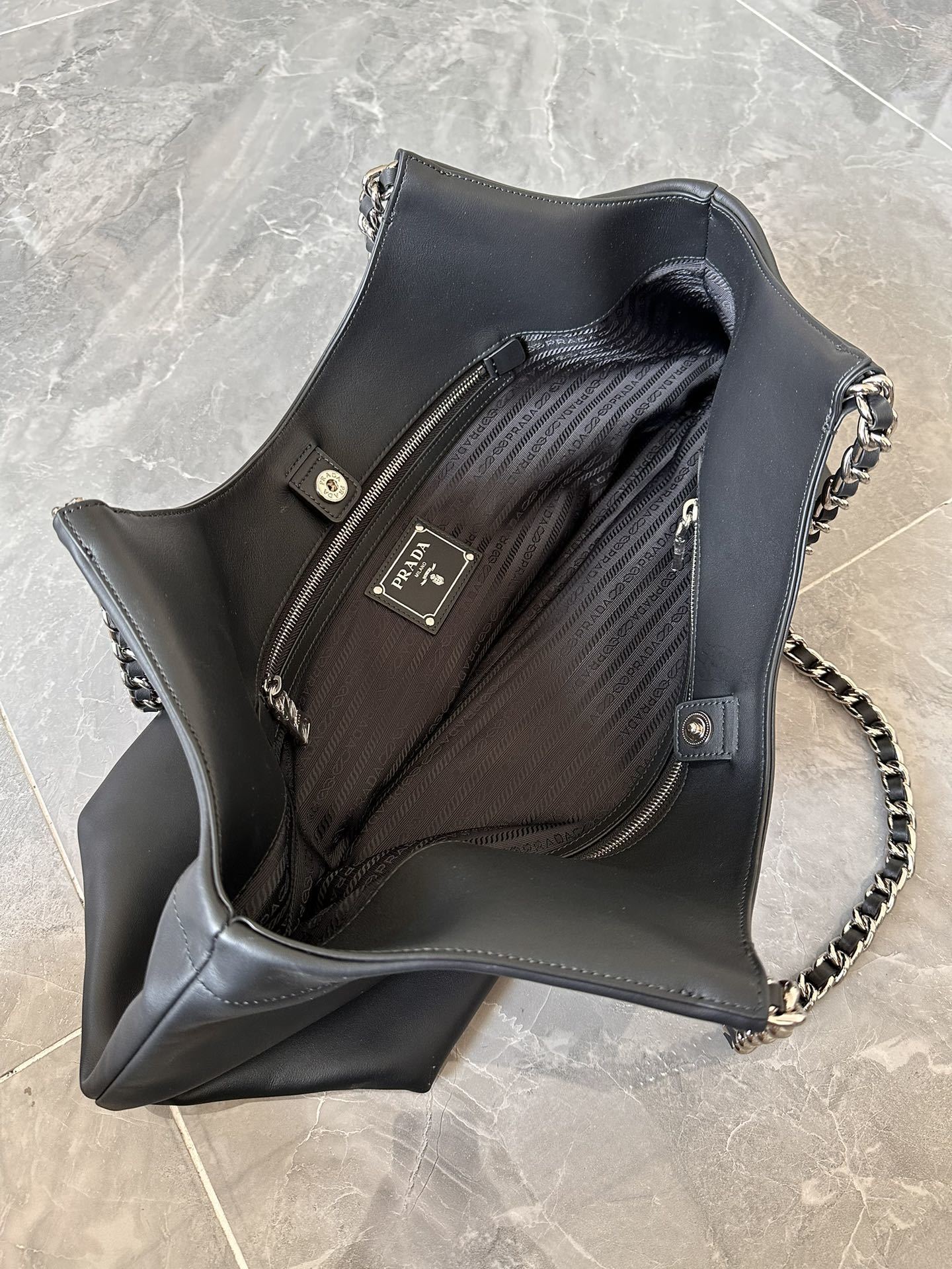 Prada Black Soft Calf Leather Chain Tote Bag