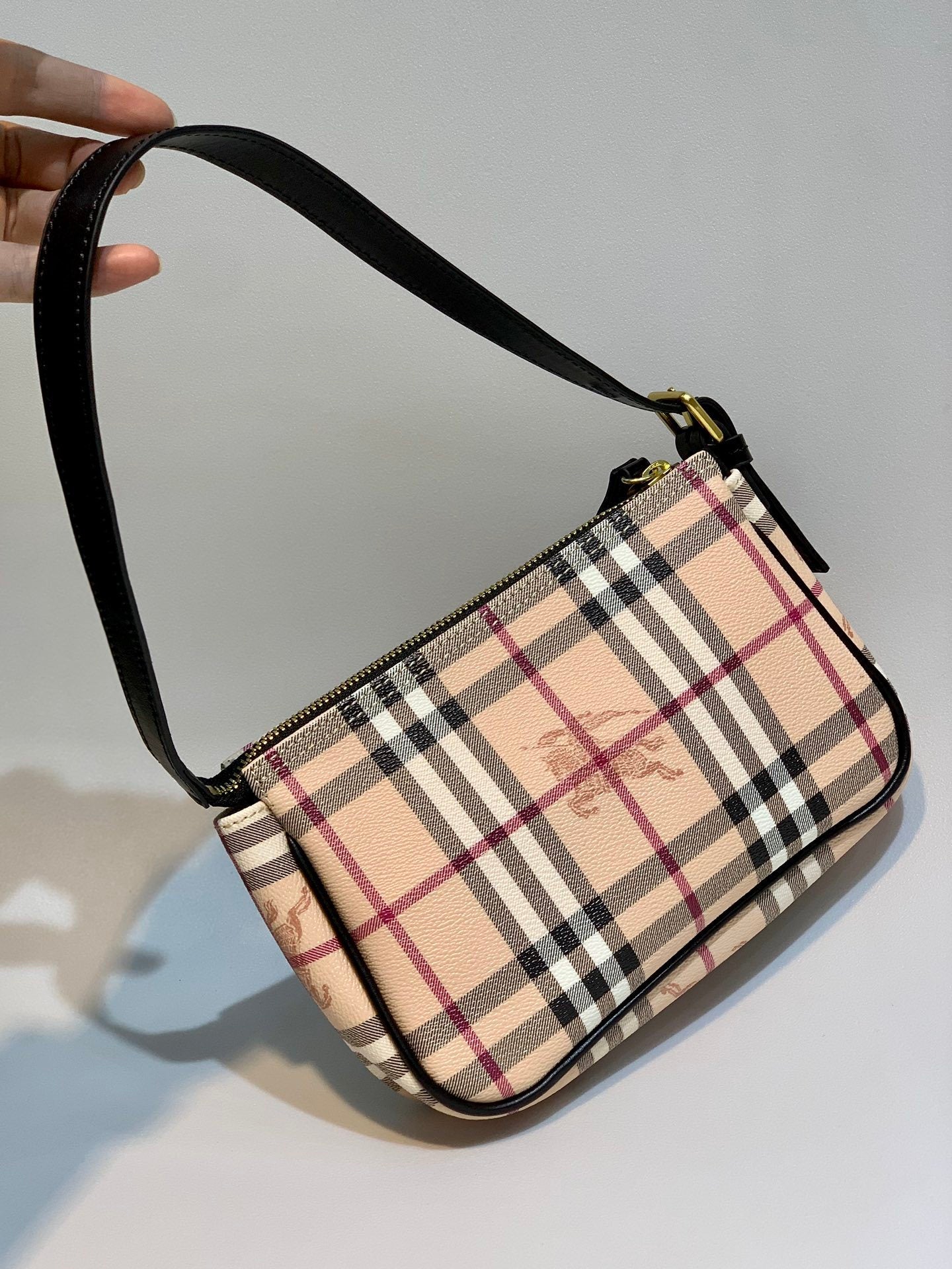 Burberry Nova Check Shoulder Bag Beige Coated Canvas with Black Leather Strap