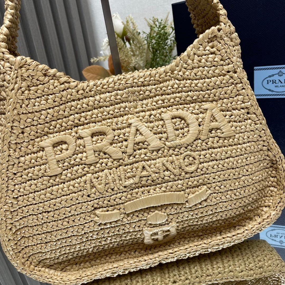 Prada Re-Edition 2005 Crochet Raffia Shoulder Bag – Natural Beige