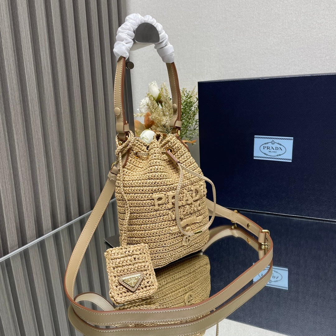 Prada Crochet Mini Bucket Bag – Beige Raffia with Leather Drawstring