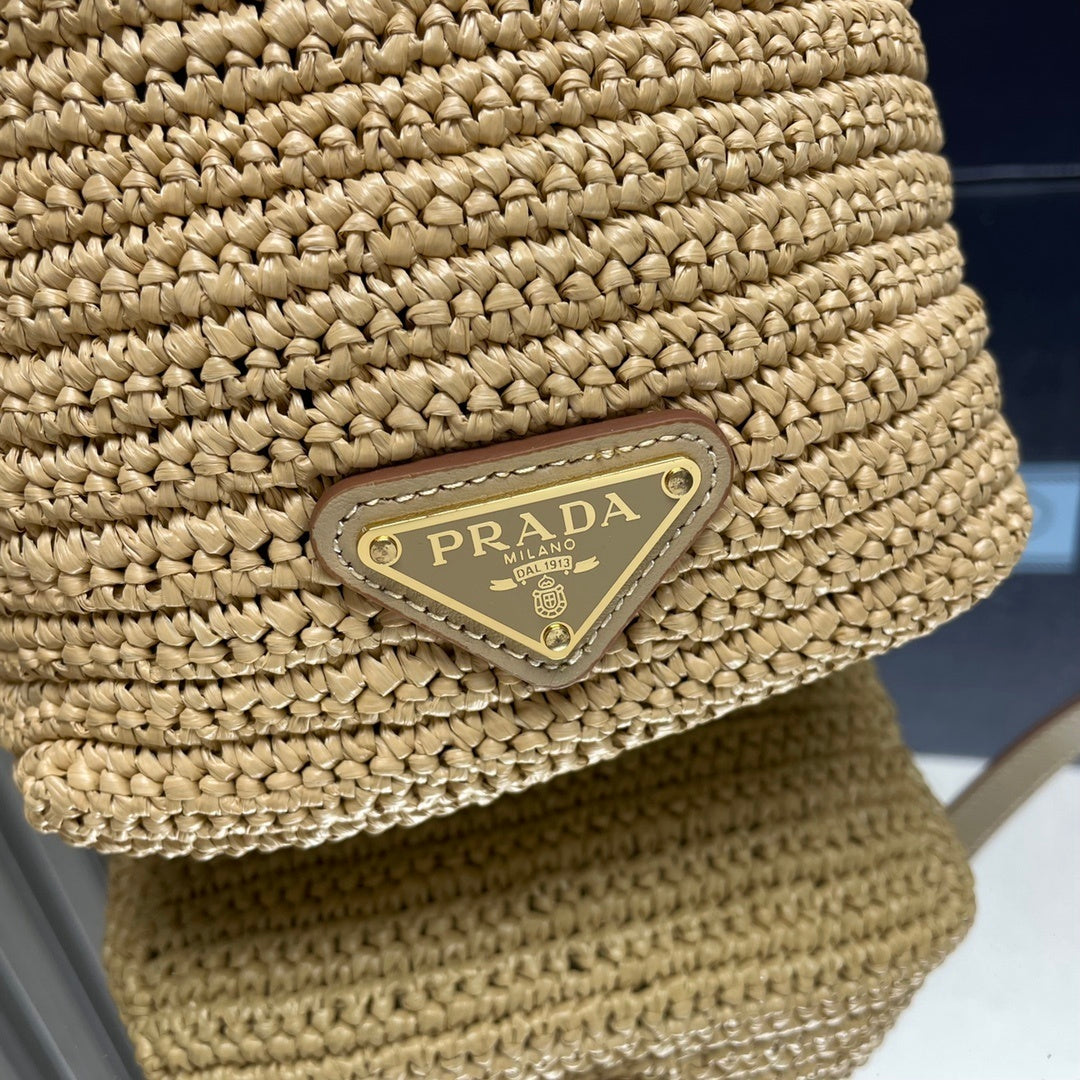 Prada Crochet Mini Bucket Bag – Beige Raffia with Leather Drawstring