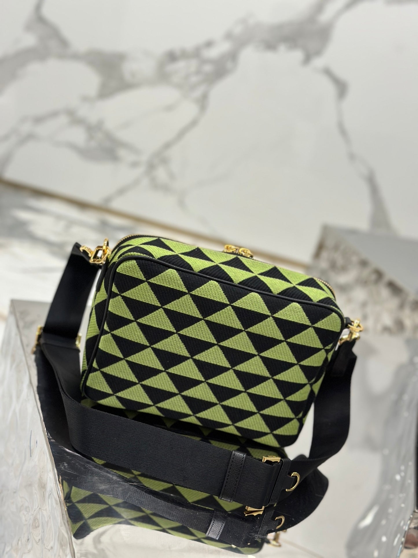 Prada Symbole Embroidered Fabric Shoulder Bag – Black & Ivy Green with Gold-Tone Hardware