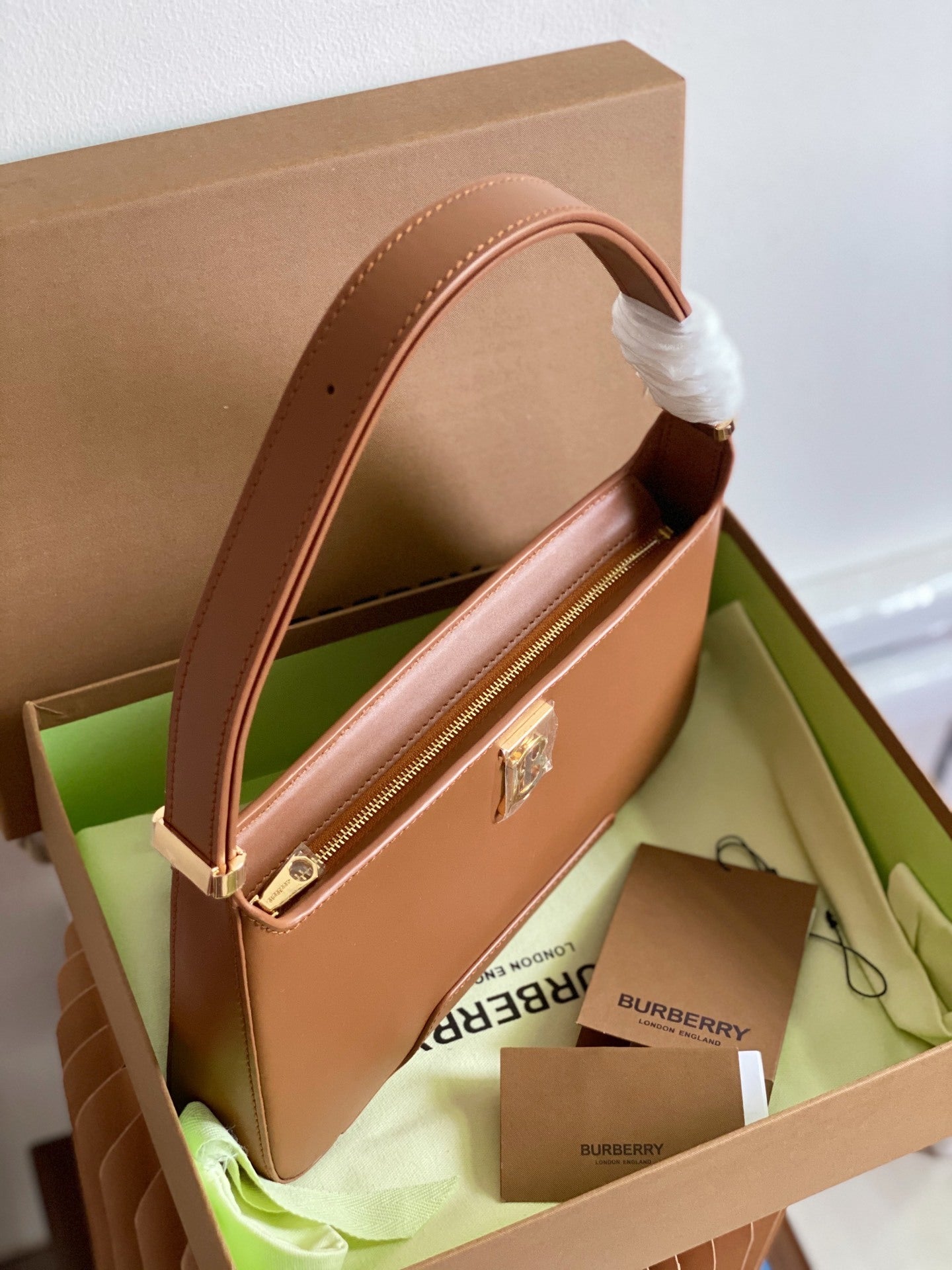 Burberry TB Brown Leather Shoulder Bag with Gold Monogram Logo