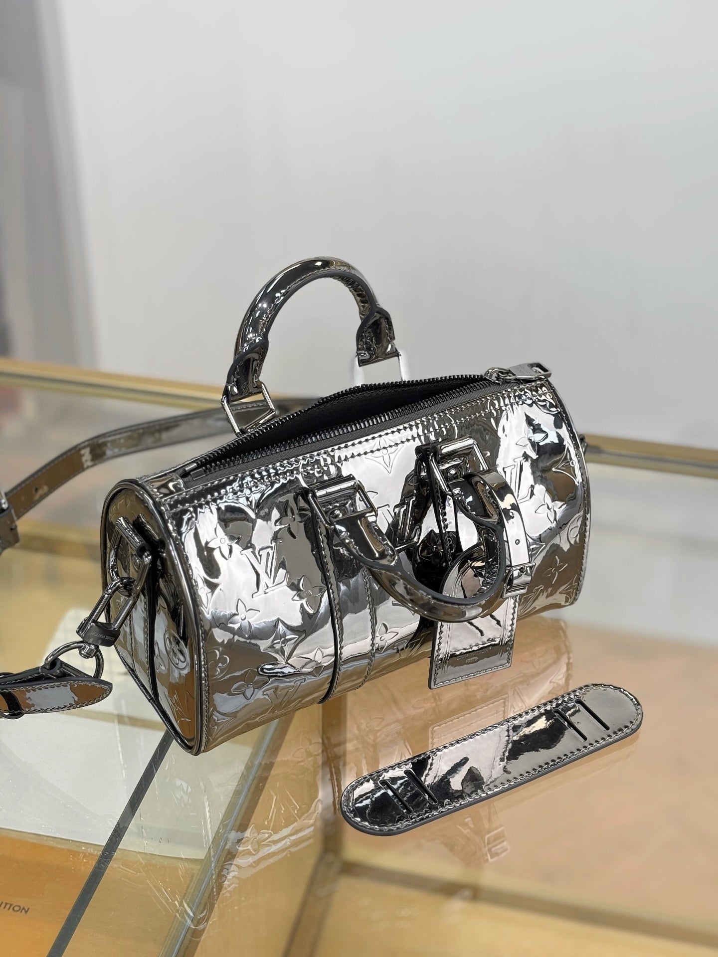 Louis Vuitton Keepall Bandoulière 25 Bag in Gunmetal Monogram Mirror Canvas