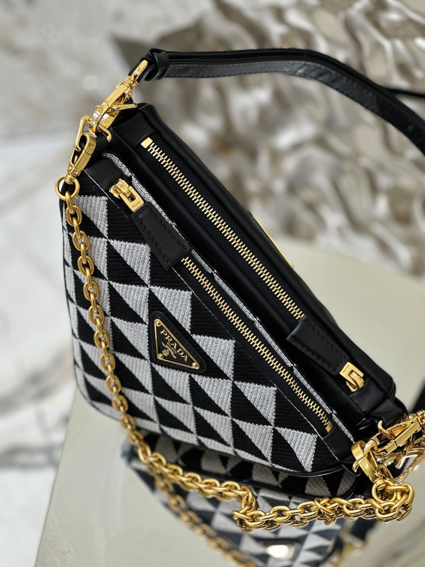 Prada Symbole Mini Jacquard Bag with Geometric Pattern and Chain Handle