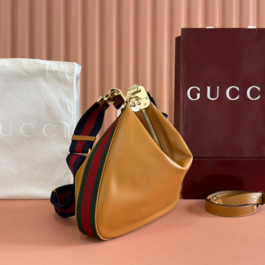 Gucci Attache Large Leather Shoulder Bag in Tan with Web-Stripe Strap