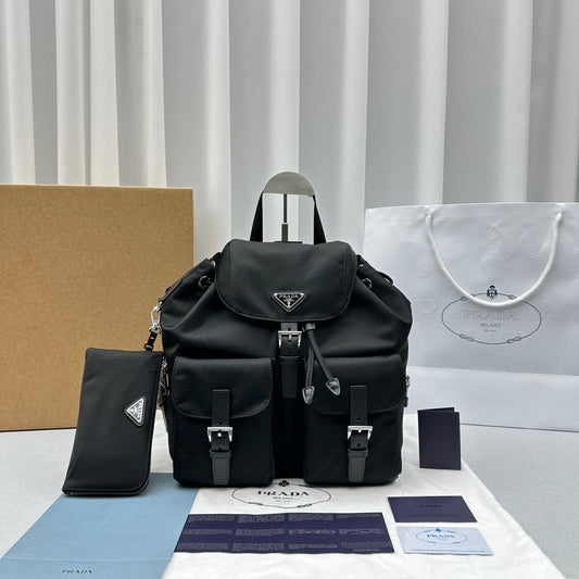 Black Prada Re-Nylon Backpack with Detachable Pouch