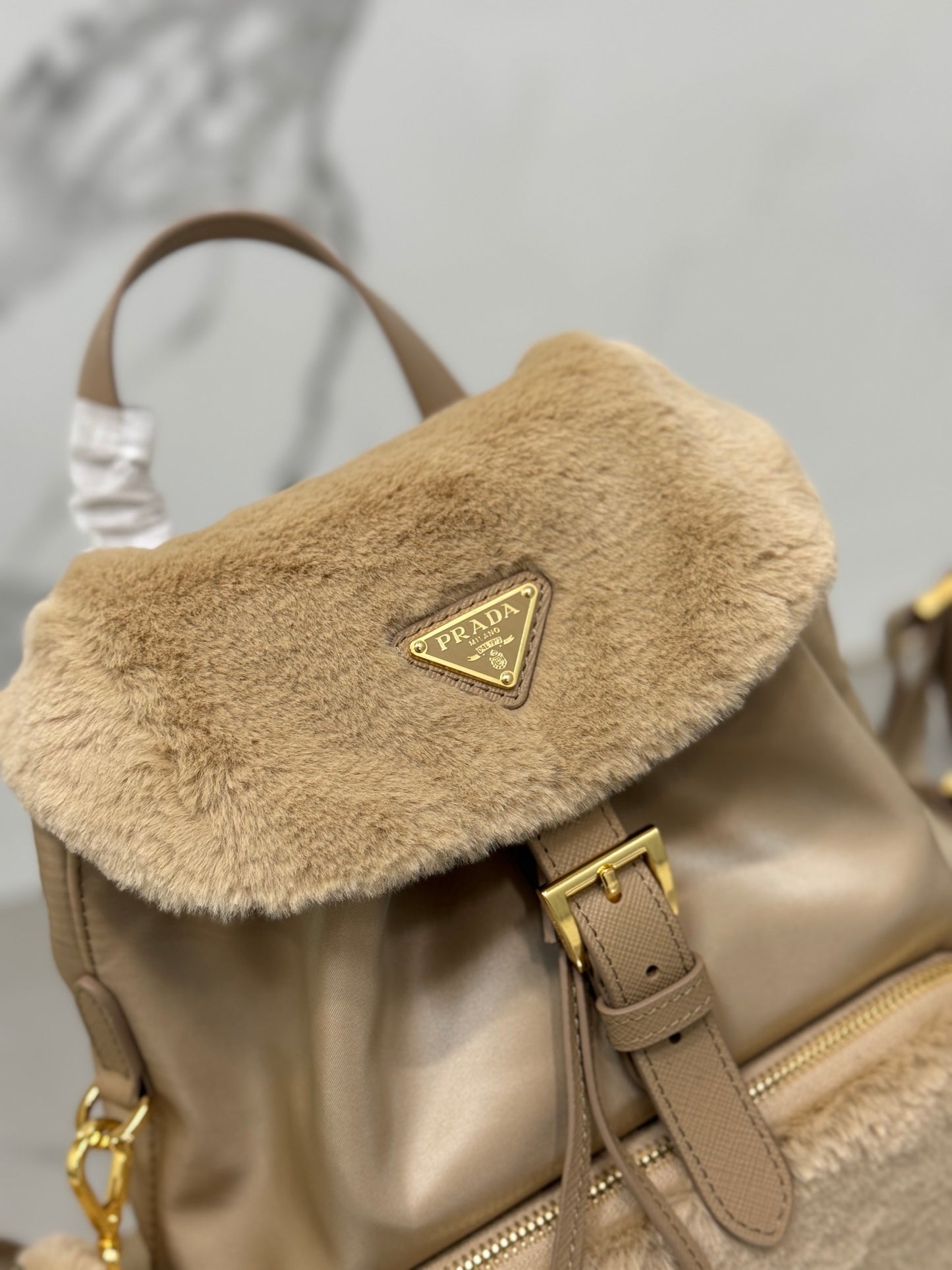 Prada Re-Nylon & Shearling Backpack – Beige