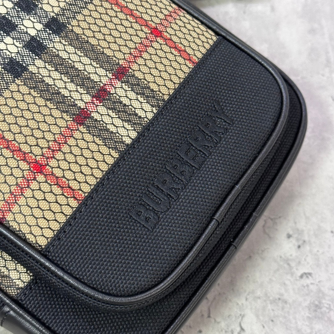 Burberry Freddie Crossbody Bag in Archival Beige Check with Black Mesh Overlay