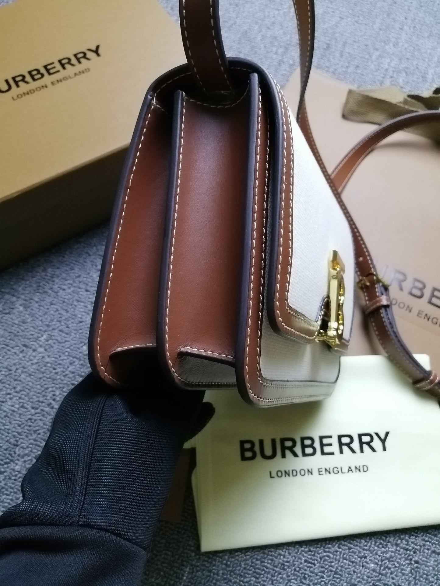 Burberry Small Two-Tone Canvas & Leather TB Bag with Gold Monogram Clasp
