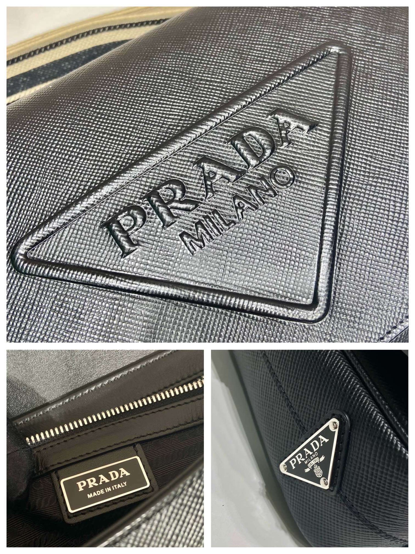 Prada Black Saffiano Leather Shoulder Bag with Detachable Woven Strap