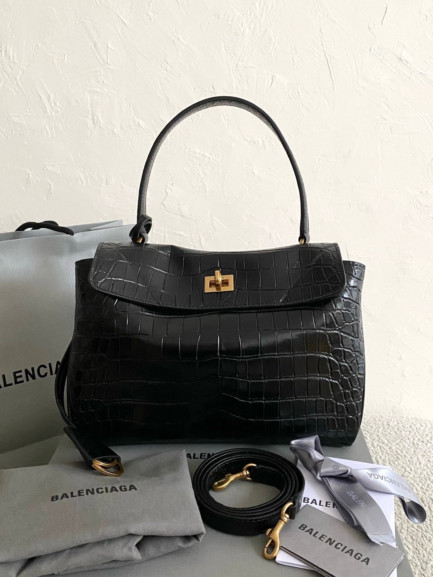 Balenciaga Rodeo Black Crocodile-Embossed Leather Luxury Bag
