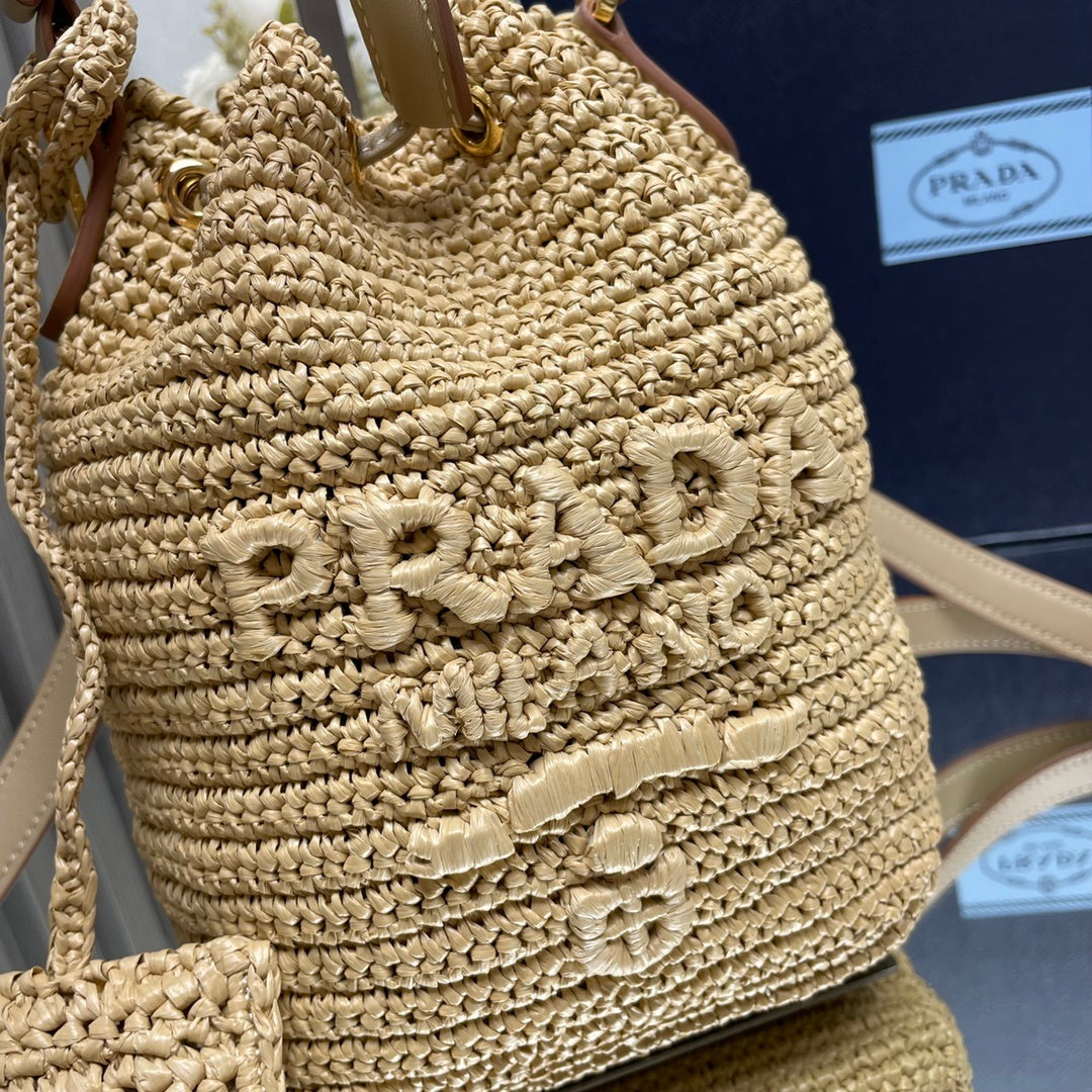Prada Crochet Mini Bucket Bag – Beige Raffia with Leather Drawstring