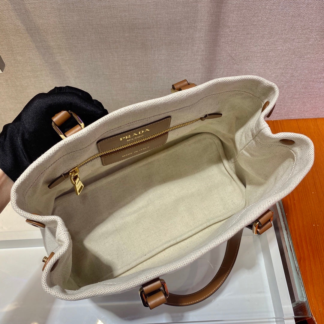 Prada Logo-Print Canvas Tote Bag with Leather Handles – Naturale & Cognac