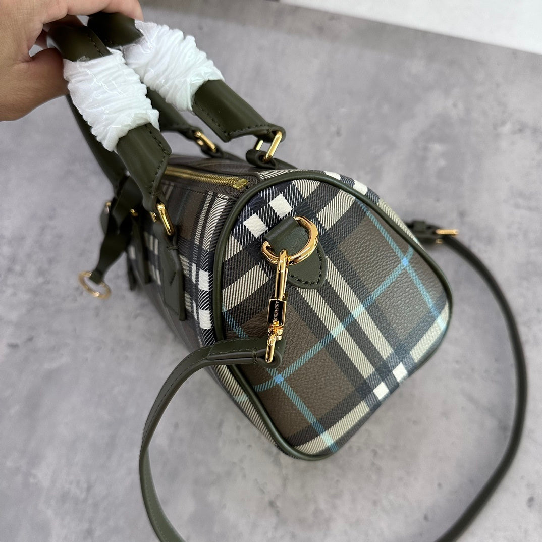Burberry Bowling Bag in Olive Green Check Coated Cotton with Padlock Charm