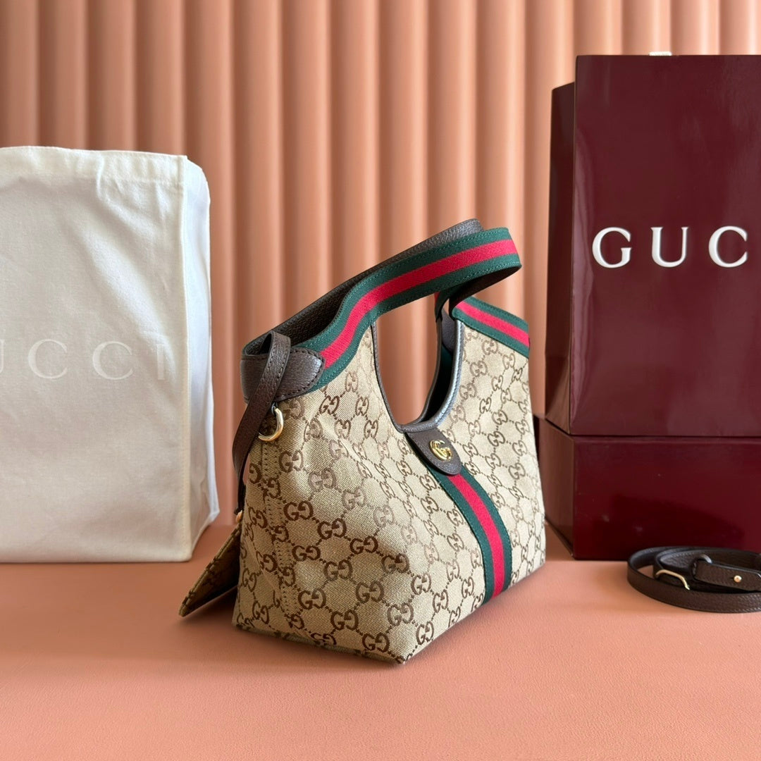 Gucci Giglio Small Tote Bag in Beige and Dark Brown GG Canvas with Web Trim
