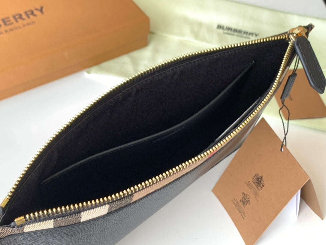 Burberry Black Leather Clutch Bag with Vintage Check Trim