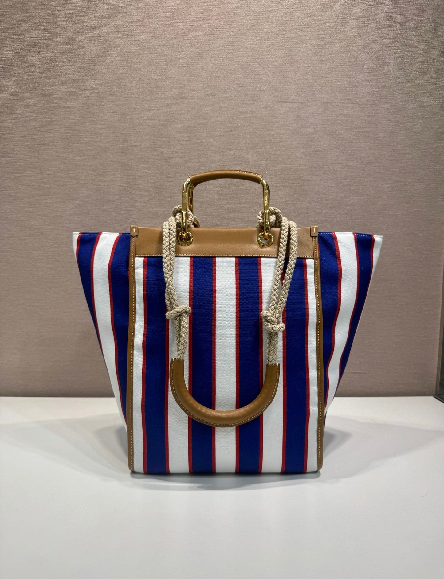 Prada Large Printed Canvas and Leather Tote Bag with Stripe Motif