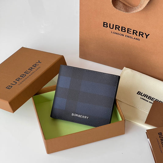 Burberry Men's Navy Textured Leather Bifold Wallet with Metal Logo