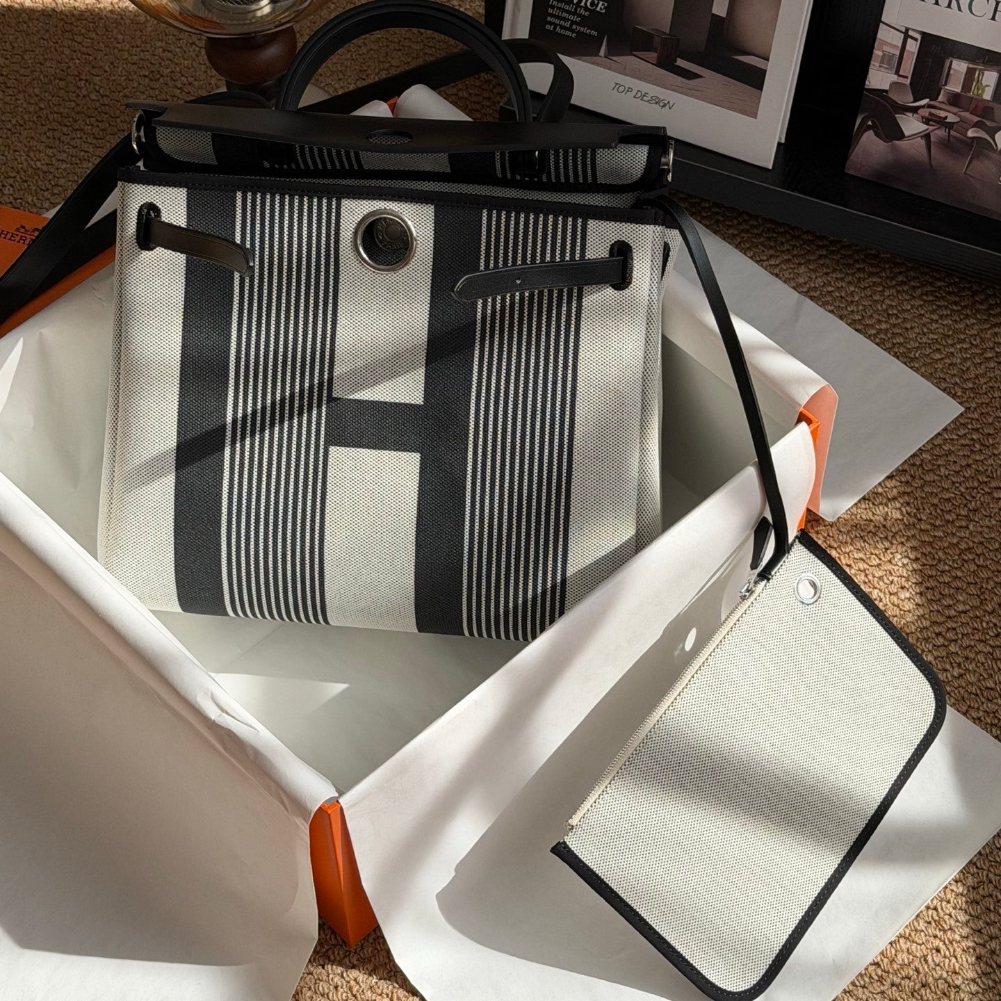 Hermès Herbag Zip 31 Striped Canvas Black Leather