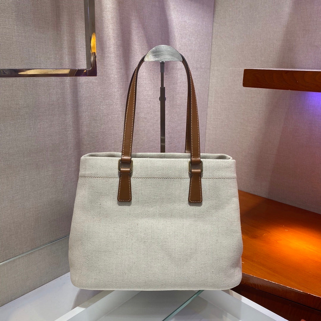 Prada Logo-Print Canvas Tote Bag with Leather Handles – Naturale & Cognac