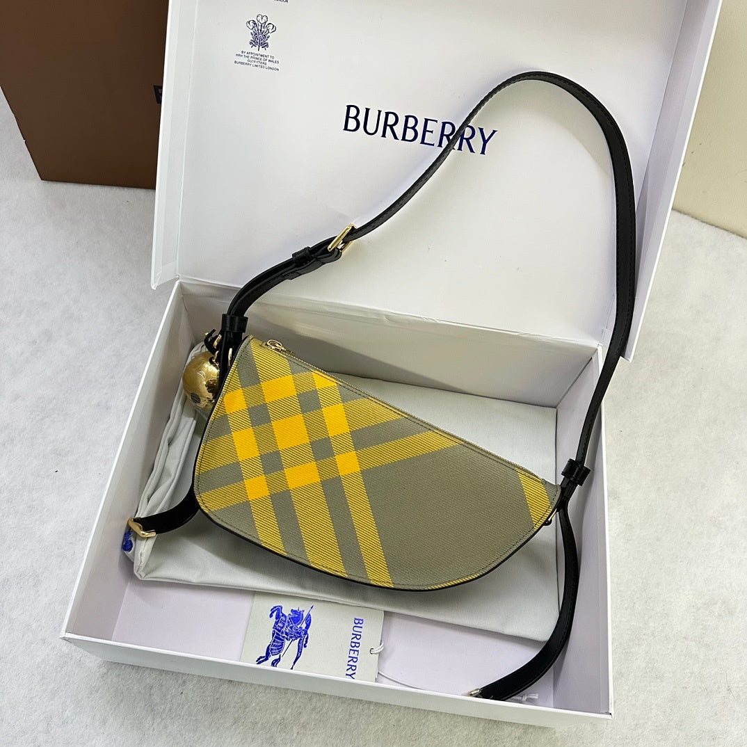 Burberry Sling Shield Yellow Check Shoulder Bag with Gold Bell Charm